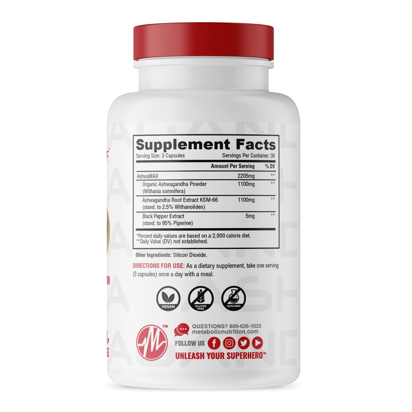 Metabolic Nutrition Ashwagandha 2200mg Made with Organic Ashwagandha Powder and Black Pepper Extract, 90 Vegan Capusles - Maple Wellness Supplements