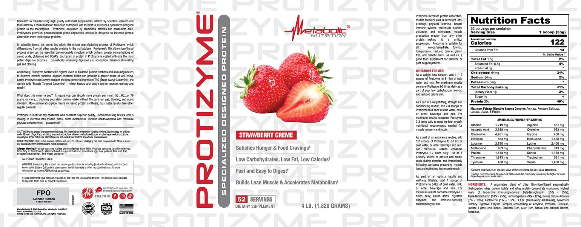 Metabolic Nutrition, Protizyme, 100% Whey Protein Powder, High Protein, Low Carb - Maple Wellness Supplements