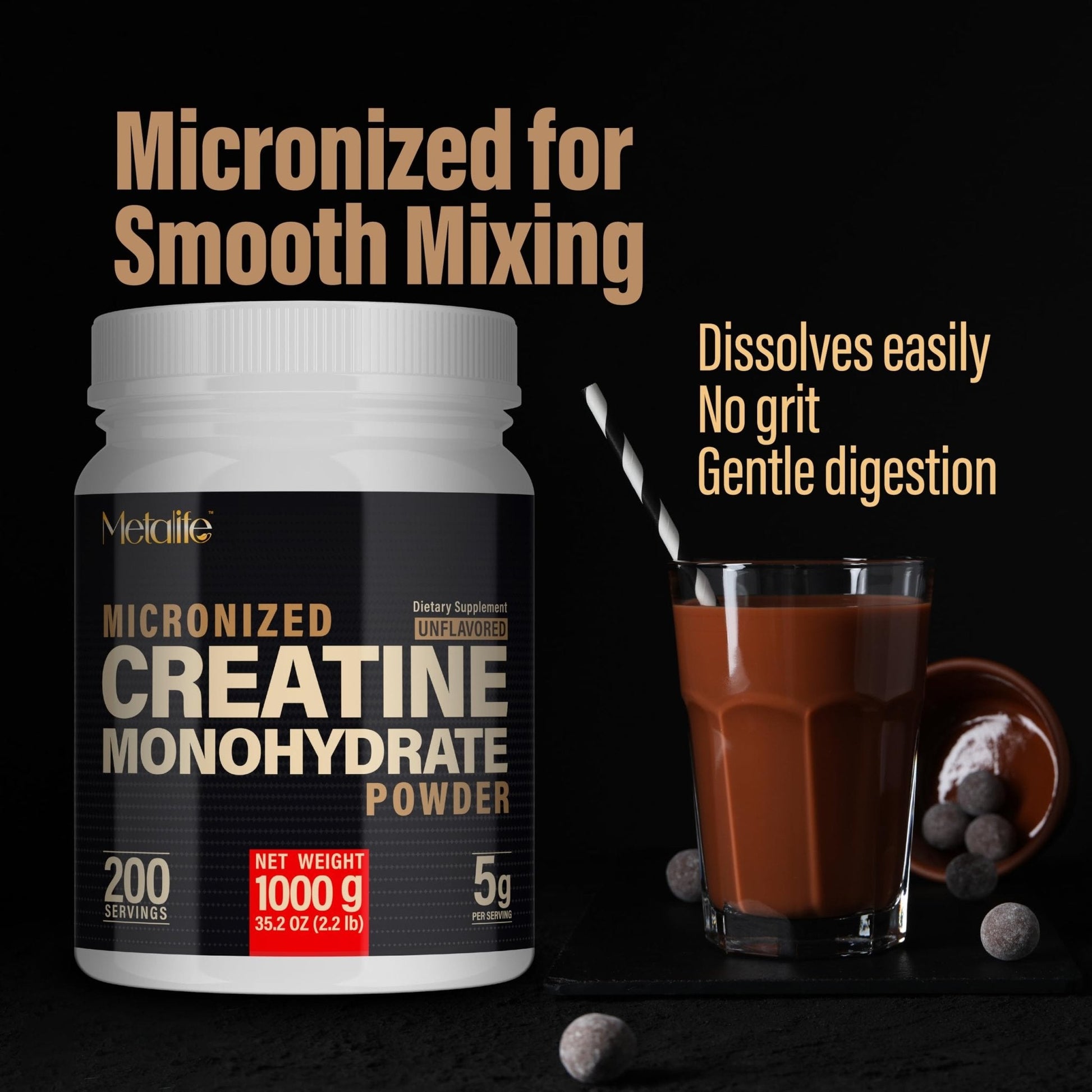 METALIFE 100% Pure Creatine Monohydrate Powder 200 Servings, Micronized Powder, Muscle Growth, Unflavored, Ideal for Athletes & Fitness Enthusiasts, - Maple Wellness Supplements