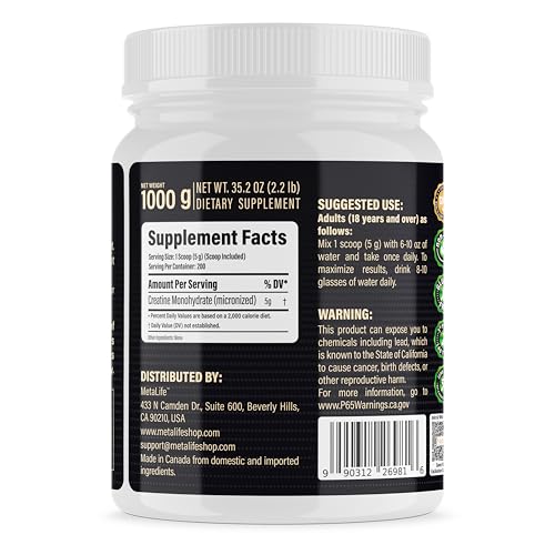 METALIFE 100% Pure Creatine Monohydrate Powder, Canada-Made, 1000 g (200 Servings) Micronized Powder, Muscle Growth, Unflavored, Ideal for Athletes & Fitness Enthusiasts, Third party lab tested, Vegan - Maple Wellness Supplements
