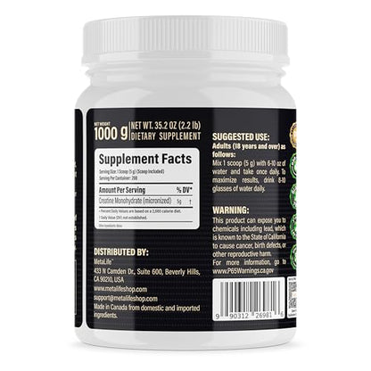 METALIFE 100% Pure Creatine Monohydrate Powder, Canada-Made, 1000 g (200 Servings) Micronized Powder, Muscle Growth, Unflavored, Ideal for Athletes & Fitness Enthusiasts, Third party lab tested, Vegan - Maple Wellness Supplements
