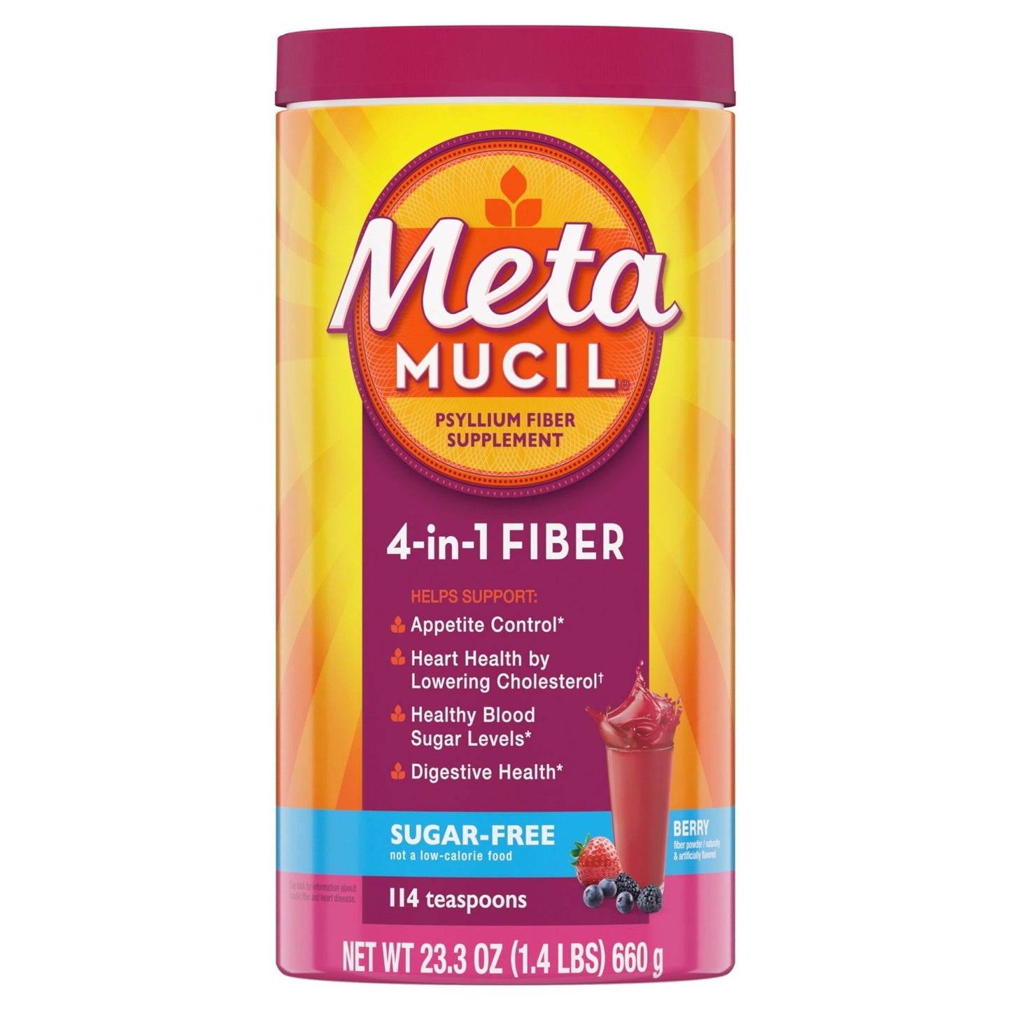 Metamucil, 4-in-1 Fiber Supplement, Psyllium Husk Powder, Sugar-Free Powder, Berry Flavored Drink, 114 Servings - Maple Wellness Supplements