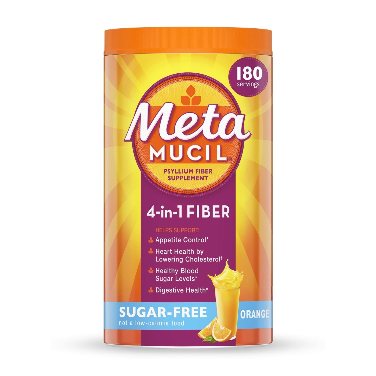 Metamucil 4-in-1 Psyllium Husk Friendly Fiber Supplement, Sugar-Free, 180 teaspoons, Orange Flavored, Daily Fiber Powder for Digestive Health - Maple Wellness Supplements