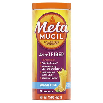 Metamucil 4-in-1 Psyllium Husk Friendly Fiber Supplement, Sugar-Free, 72 teaspoons, Orange Flavored, Daily Fiber Powder for Digestive Health - Maple Wellness Supplements