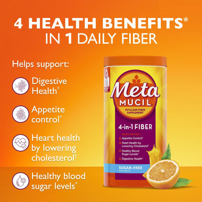 Metamucil 4-in-1 Psyllium Husk Friendly Fiber Supplement, Sugar-Free, 72 teaspoons, Orange Flavored, Daily Fiber Powder for Digestive Health - Maple Wellness Supplements