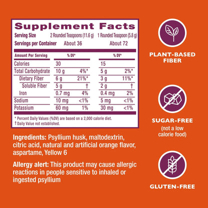 Metamucil 4-in-1 Psyllium Husk Friendly Fiber Supplement, Sugar-Free, 72 teaspoons, Orange Flavored, Daily Fiber Powder for Digestive Health - Maple Wellness Supplements