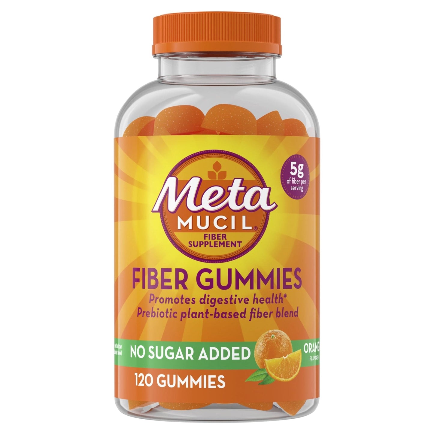 Metamucil Fiber Gummies for Adults, No Sugar Added Orange Flavor, 5g Prebiotic Plant Based Fiber Supplement Blend, 120 Count - Maple Wellness Supplements
