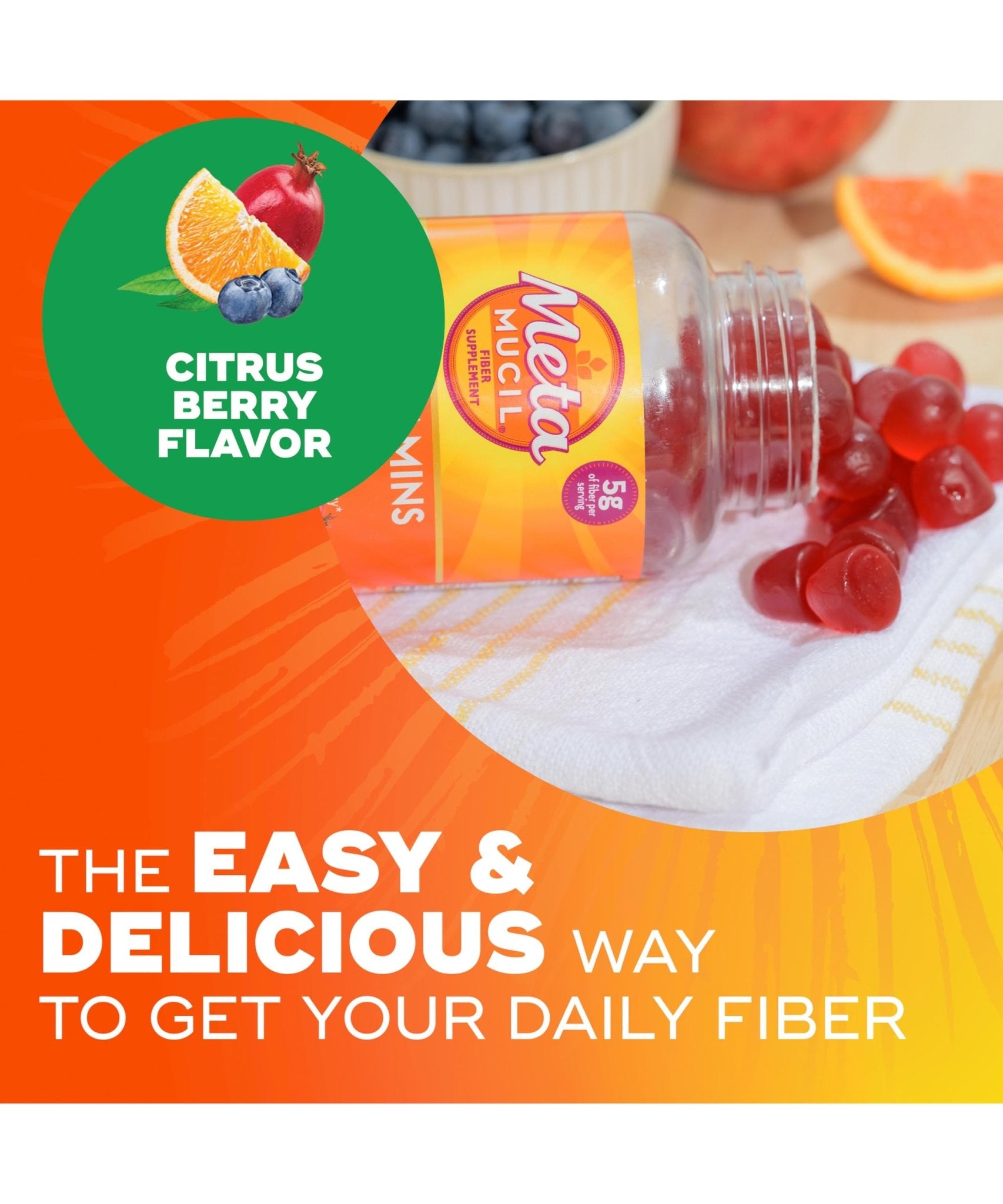 Metamucil Fiber Gummies for Adults with Vitamins C, D, B12 for Metabolism, No Sugar Added Citrus Berry Flavor, 5g Plant Based Prebiotic - Maple Wellness Supplements