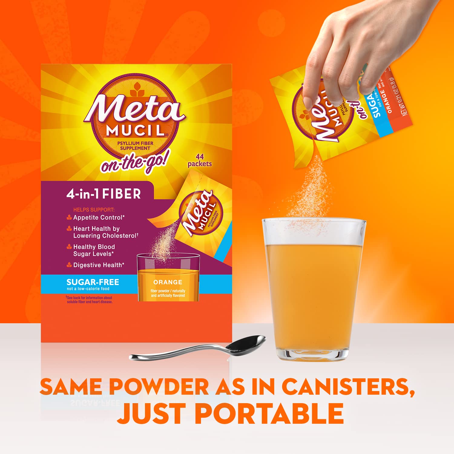 Metamucil On-the-Go Packets, Sugar-Free, 44 Packets, 4-in-1 Psyllium Husk Fiber Supplement, Orange Flavored, Individual Servings Great for Travel - Maple Wellness Supplements