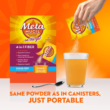 Metamucil On-the-Go Packets, Sugar-Free, 44 Packets, 4-in-1 Psyllium Husk Fiber Supplement, Orange Flavored, Individual Servings Great for Travel - Maple Wellness Supplements