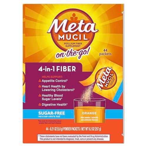 Metamucil On-the-Go Packets, Sugar-Free, 44 Packets, 4-in-1 Psyllium Husk Fiber Supplement, Orange Flavored, Individual Servings Great for Travel - Maple Wellness Supplements