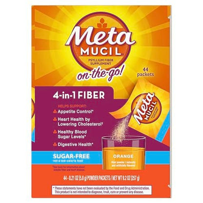 Metamucil On-the-Go Packets, Sugar-Free, 44 Packets, 4-in-1 Psyllium Husk Fiber Supplement, Orange Flavored, Individual Servings Great for Travel - Maple Wellness Supplements