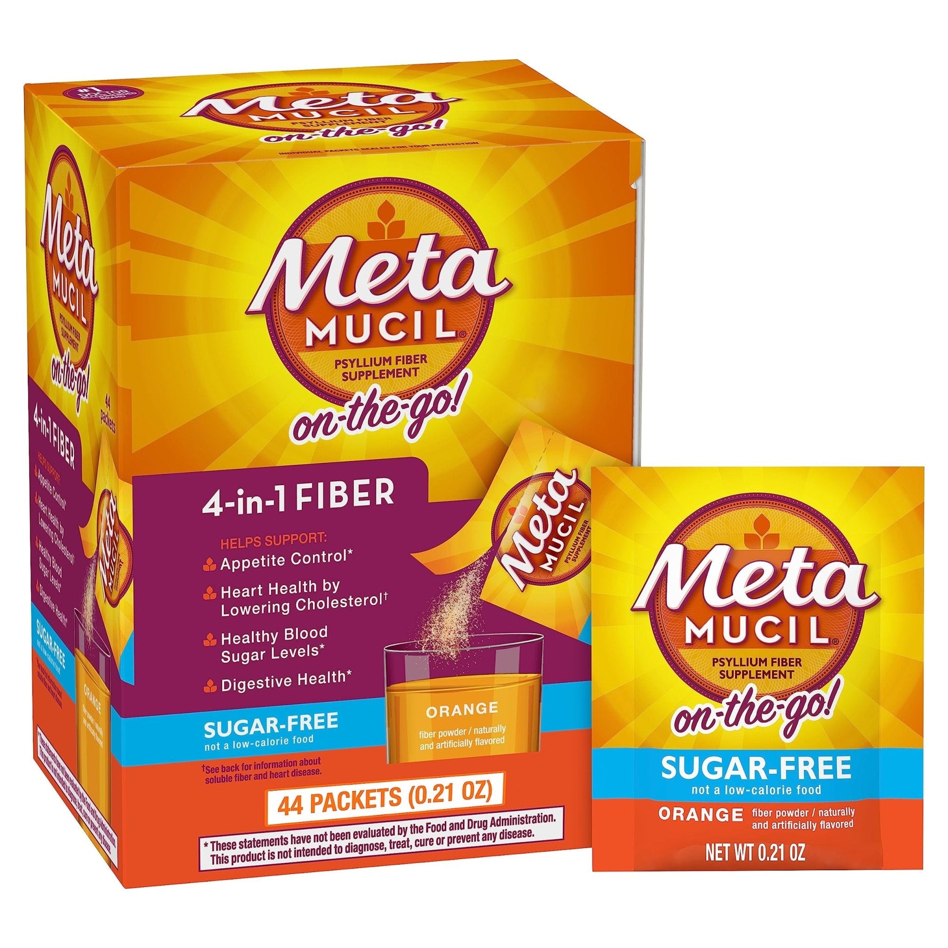 Metamucil On-the-Go Packets, Sugar-Free, 44 Packets, 4-in-1 Psyllium Husk Fiber Supplement, Orange Flavored, Individual Servings Great for Travel - Maple Wellness Supplements