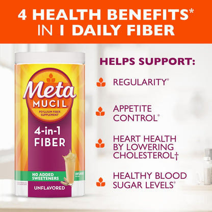 Metamucil, Psyllium Husk Powder, Unflavored with No Added Sweeteners, 114 Servings, 4-in-1 Fiber Supplement, Daily Psyllium Husk Fiber Powder - Maple Wellness Supplements