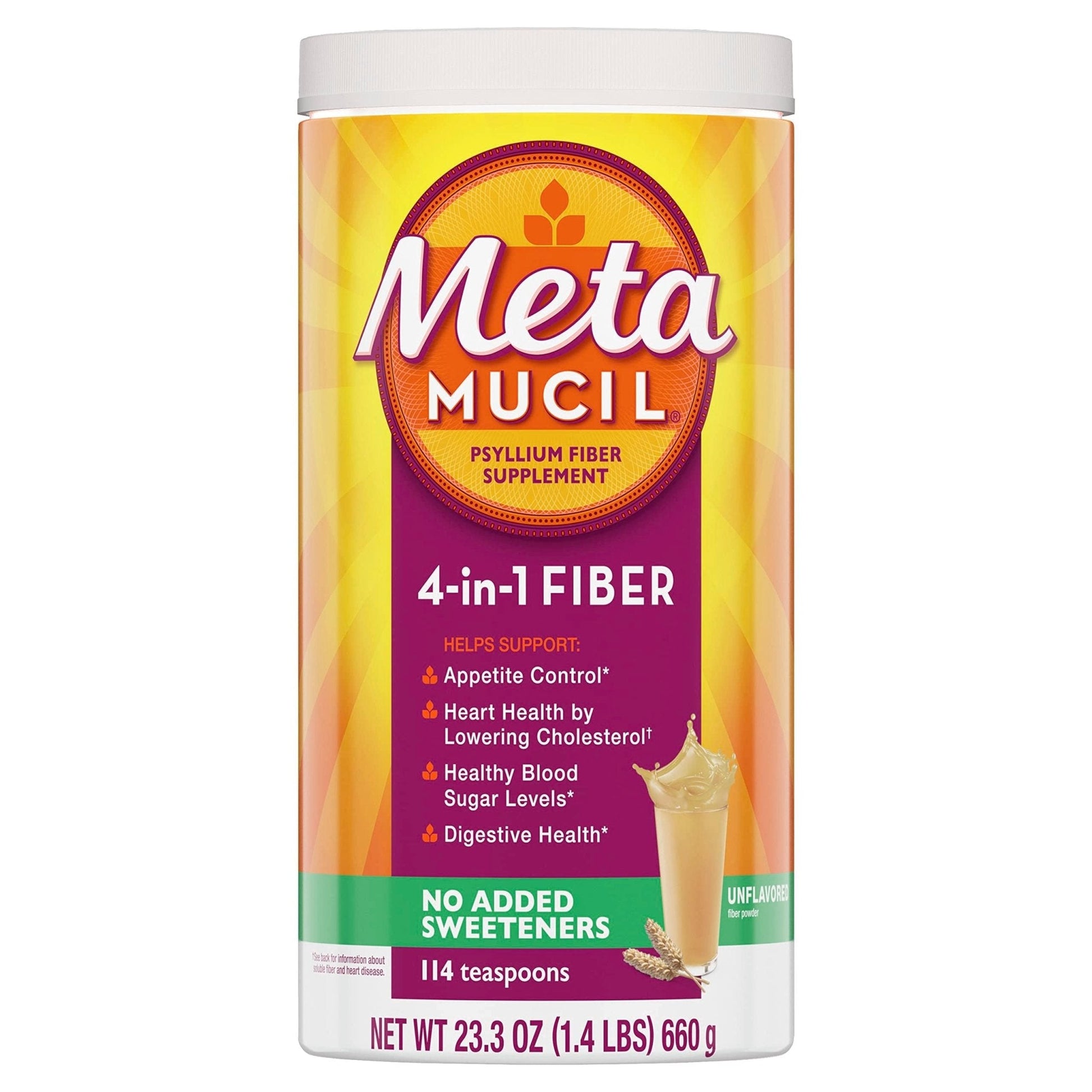 Metamucil, Psyllium Husk Powder, Unflavored with No Added Sweeteners, 114 Servings, 4-in-1 Fiber Supplement, Daily Psyllium Husk Fiber Powder - Maple Wellness Supplements