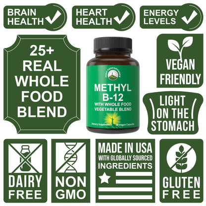 Methyl B12 Vitamin + Whole Food Blend of 25 Vegetables and Fruits for Max Absorption. Vegan Vitamin B12 Methylcobalamin - Methyl B-12 Supplement for Energy, Focus and Relief. 30 Day Supply Capsules - Maple Wellness Supplements