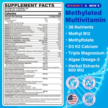 Methylated Multivitamin for Women & Men Gummies w/ Omega-3, Calcium, D3 K2, Methylfolate & B12, TMG, Daily Vitamins, Mag, CoQ10, Probiotic for 18 30 40 50 60 70+, Overall Health - Vegan, Sugar Free - Maple Wellness Supplements