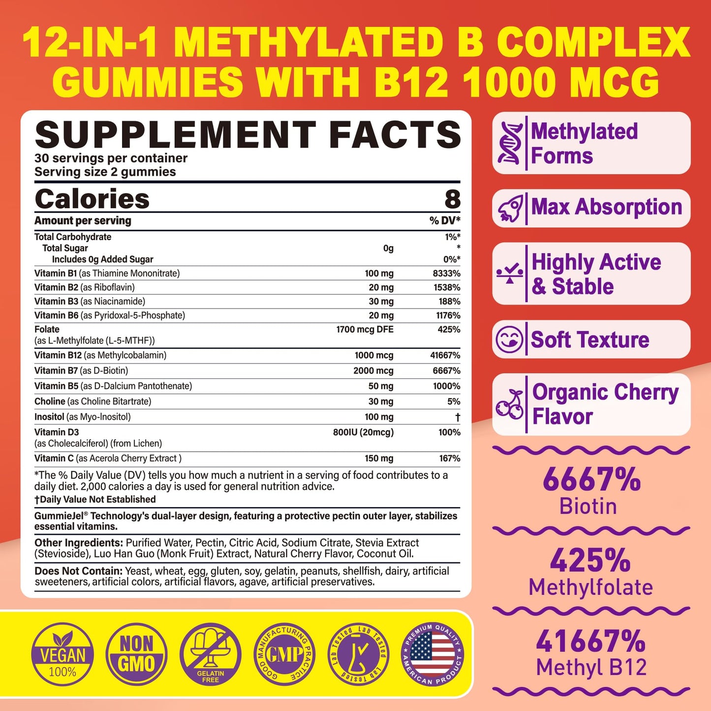 Methylated Vitamin B Complex Gummies for Women & Men - 12-in-1 Multivitamin with 1000 mcg Methyl B12, 1700 mcg Methylfolate, 2000 mcg Biotin, Inositol for Energy - Maple Wellness Supplements