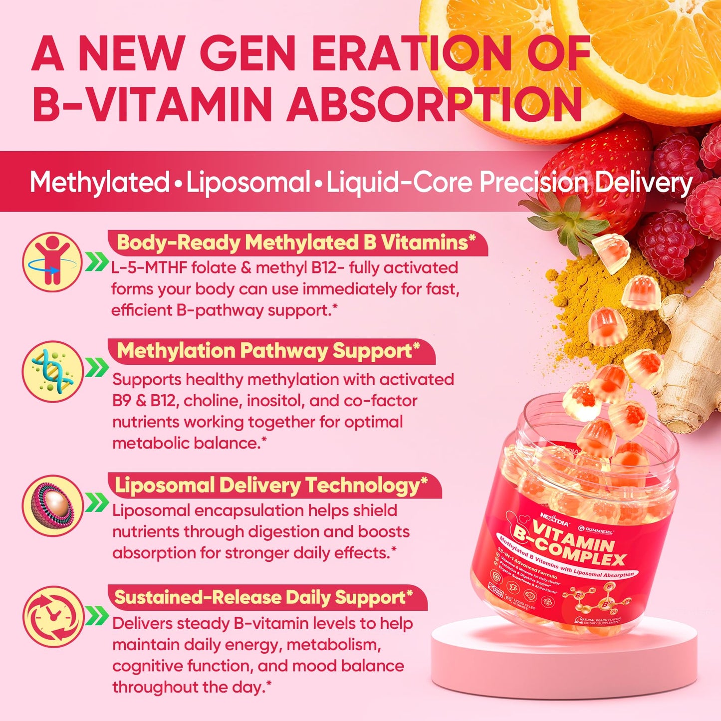 Methylated Vitamin B Complex Gummies for Women & Men, High Dose 2000 mcg Methyl B12, Liposomal Super All B Vitamins Methylfolate, B1, B2, B3, B5, B6, B7, Vitamin C, - Maple Wellness Supplements