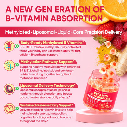 Methylated Vitamin B Complex Gummies for Women & Men, High Dose 2000 mcg Methyl B12, Liposomal Super All B Vitamins Methylfolate, B1, B2, B3, B5, B6, B7, Vitamin C, - Maple Wellness Supplements