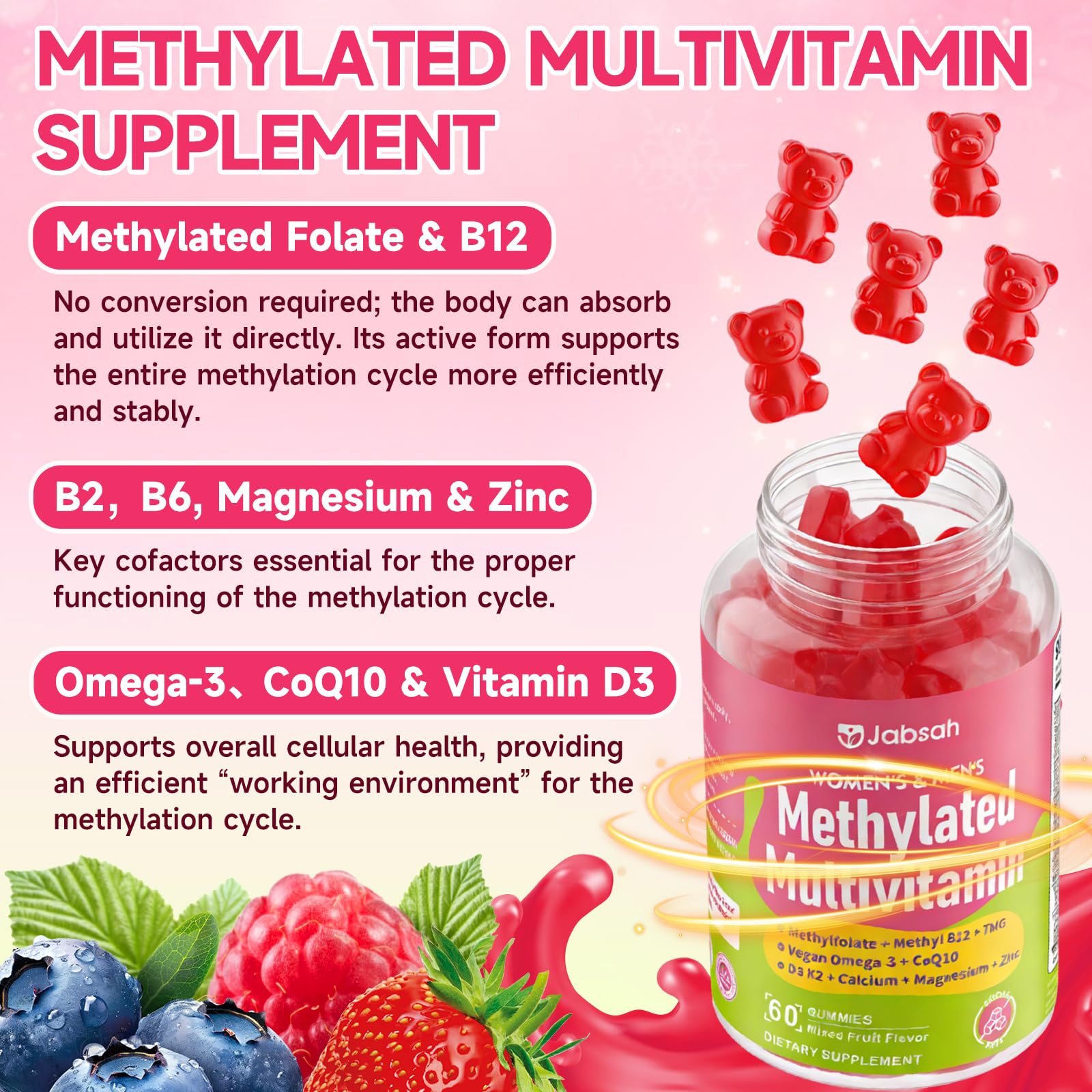 Methylated Vitamin B Complex Gummies for Women & Men, Multivitanins Gummy with Vitamin A, C ,E, Methylfolate & B12, TMG, Calcium, D3 K2 - Maple Wellness Supplements