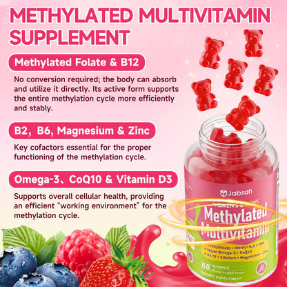 Methylated Vitamin B Complex Gummies for Women & Men, Multivitanins Gummy with Vitamin A, C ,E, Methylfolate & B12, TMG, Calcium, D3 K2 - Maple Wellness Supplements