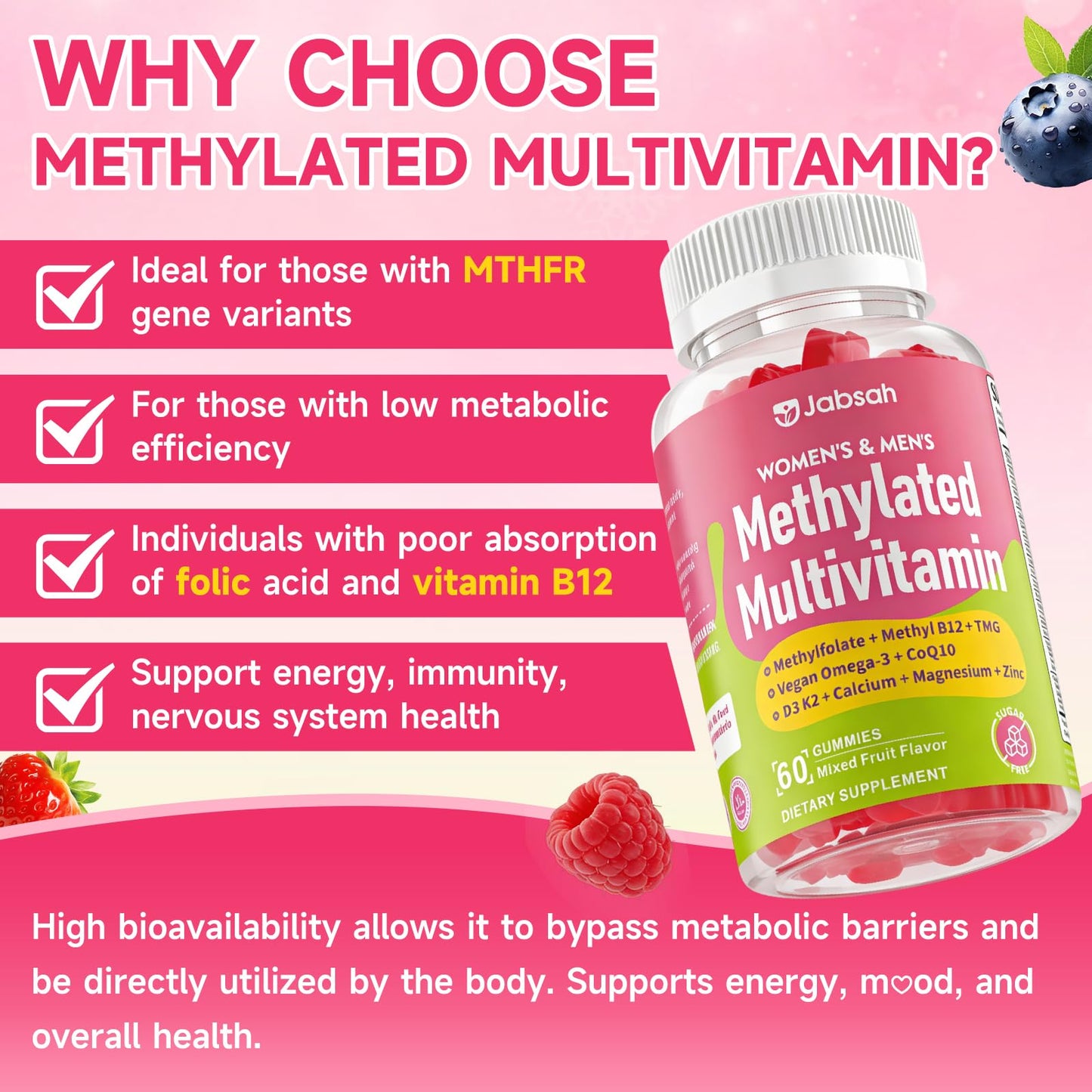 Methylated Vitamin B Complex Gummies for Women & Men, Multivitanins Gummy with Vitamin A, C ,E, Methylfolate & B12, TMG, Calcium, D3 K2 - Maple Wellness Supplements