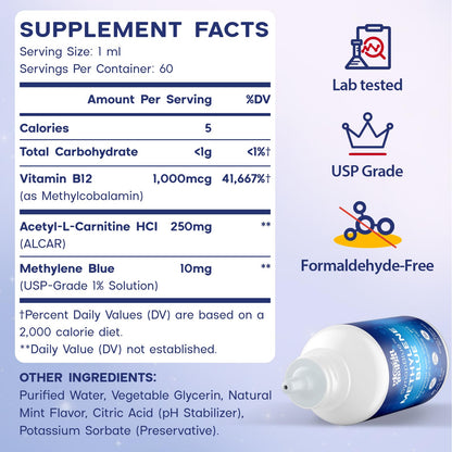 Methylene Blue Drops for Humans, 1% USP Grade – Dropper-Free No-Touch Bottle, Brain Supplement for Memory and Focus – Fast-Acting Nootropic with Methyl B12 & ALCAR – Caffeine-Free, Mint Flavor, 2oz - Maple Wellness Supplements