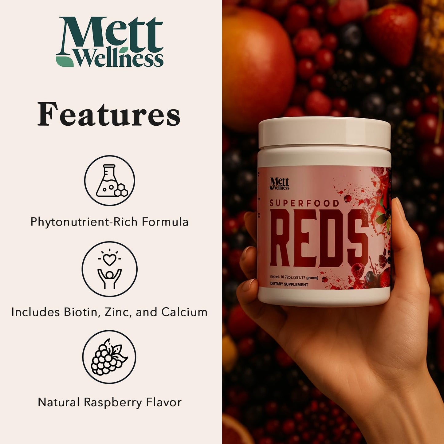 Mett Wellness Superfood REDS | 10.72 oz | With Vitamins A, C & E | Helps Maintain Nitric Oxide Levels | Supports Daily Wellness - Maple Wellness Supplements