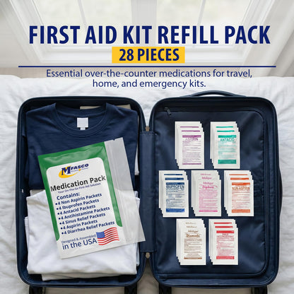 MFASCO - 7 in 1 - Travel Size Medicine Kit - TSA Approved | 28 First Aid Emergency OTC Medicine Packets for Cruise & International Travel | Compact Med Refill for Traveling & Office Assembled in USA - Maple Wellness Supplements