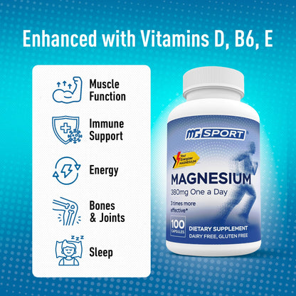 MGSPORT Magnesium Supplement 380mg - High Absorption Magnesium Complex Formula with Vitamins B6, D, E - Supports Muscle Function and Sleep Quality - 100 Servings - Maple Wellness Supplements