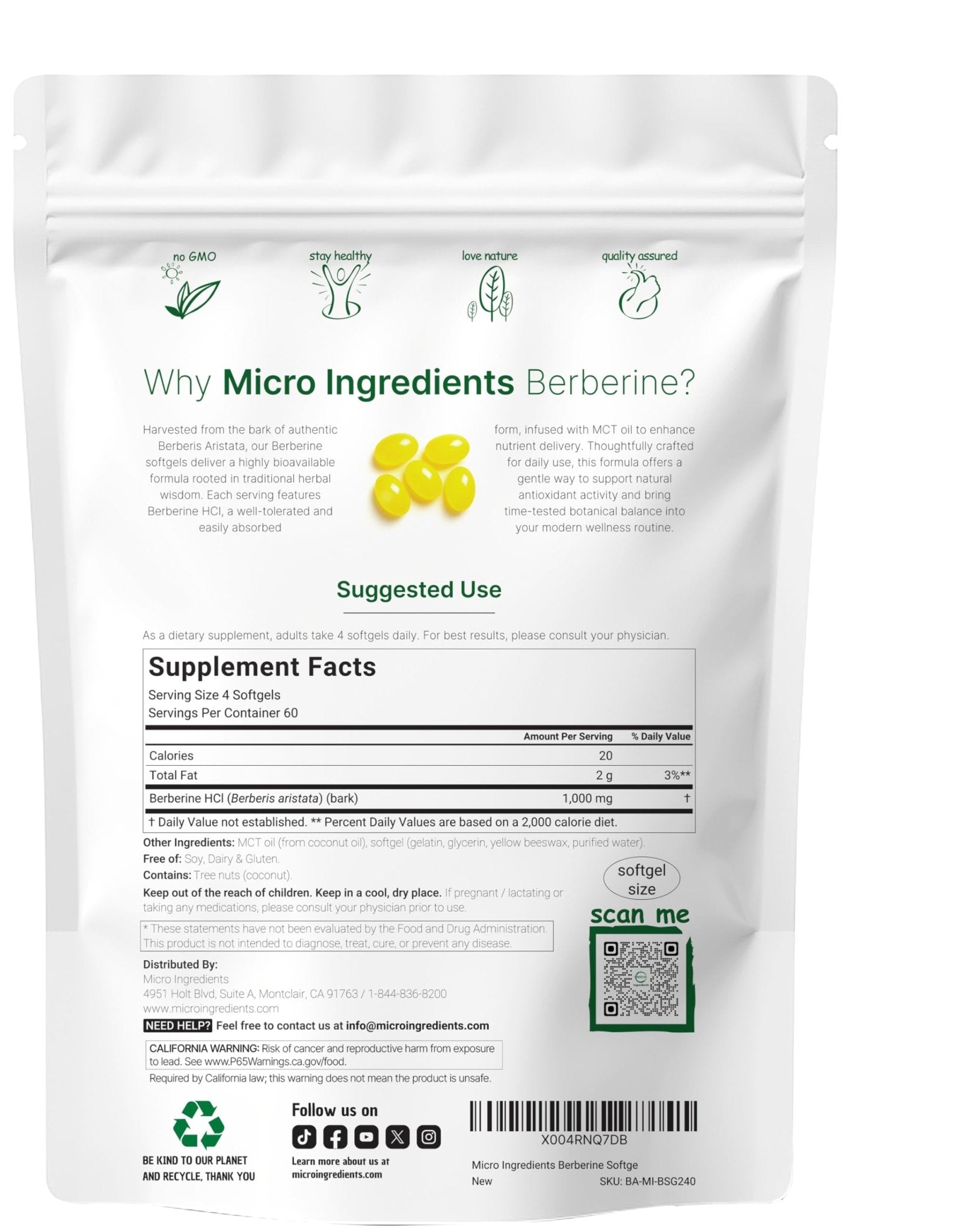 Micro Ingredients 1000mg with MCT Oil, 240 Softgels | Highly Bioavailable Formula with Berberine HCI from Aristata - Maple Wellness Supplements