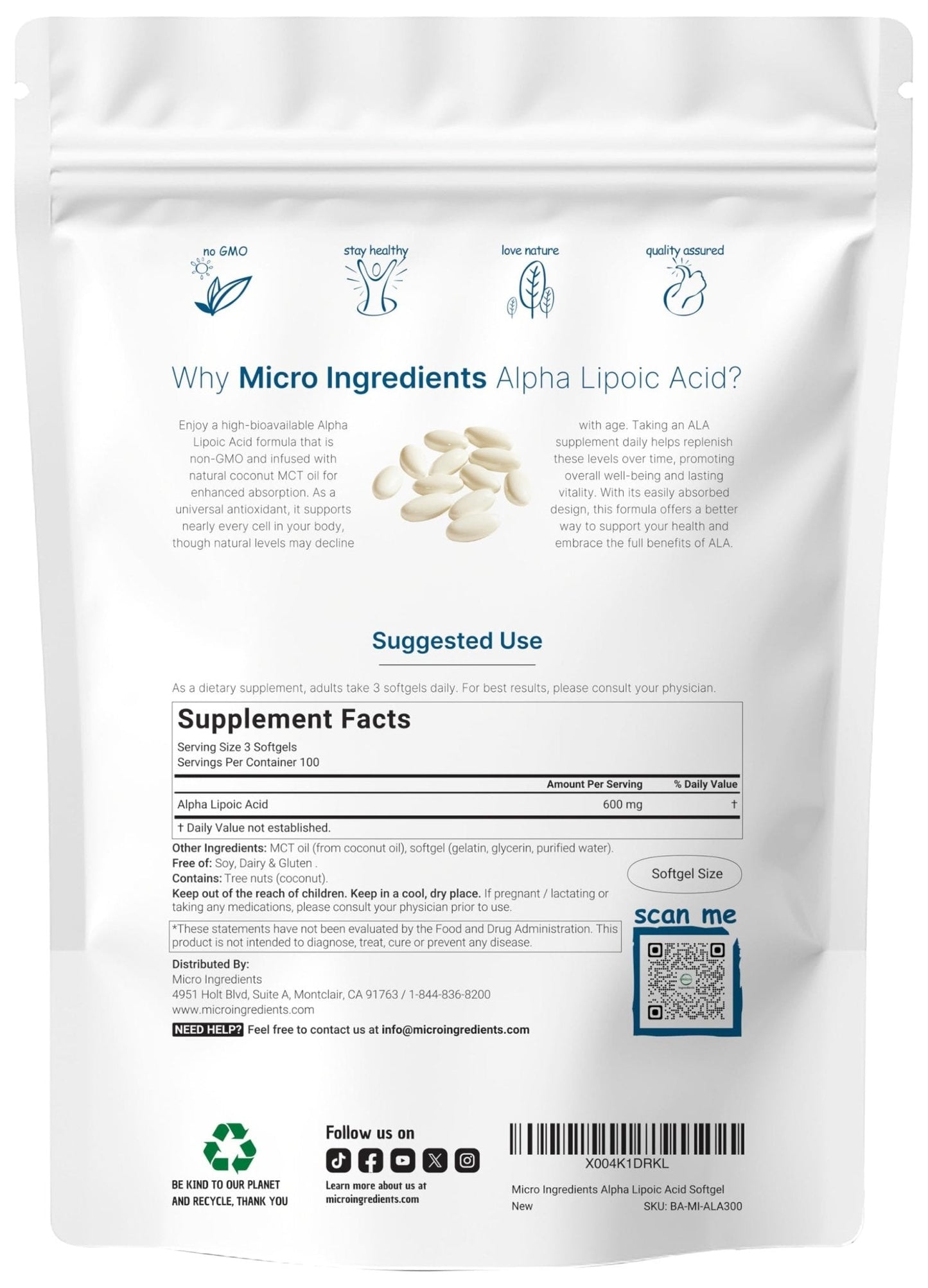 Micro Ingredients Alpha Lipoic Acid 600mg with MCT Oil, 300 Softgels | ALA Supplement for Liver, Antioxidants, Nerve, Cardiovascular Health Support - Maple Wellness Supplements