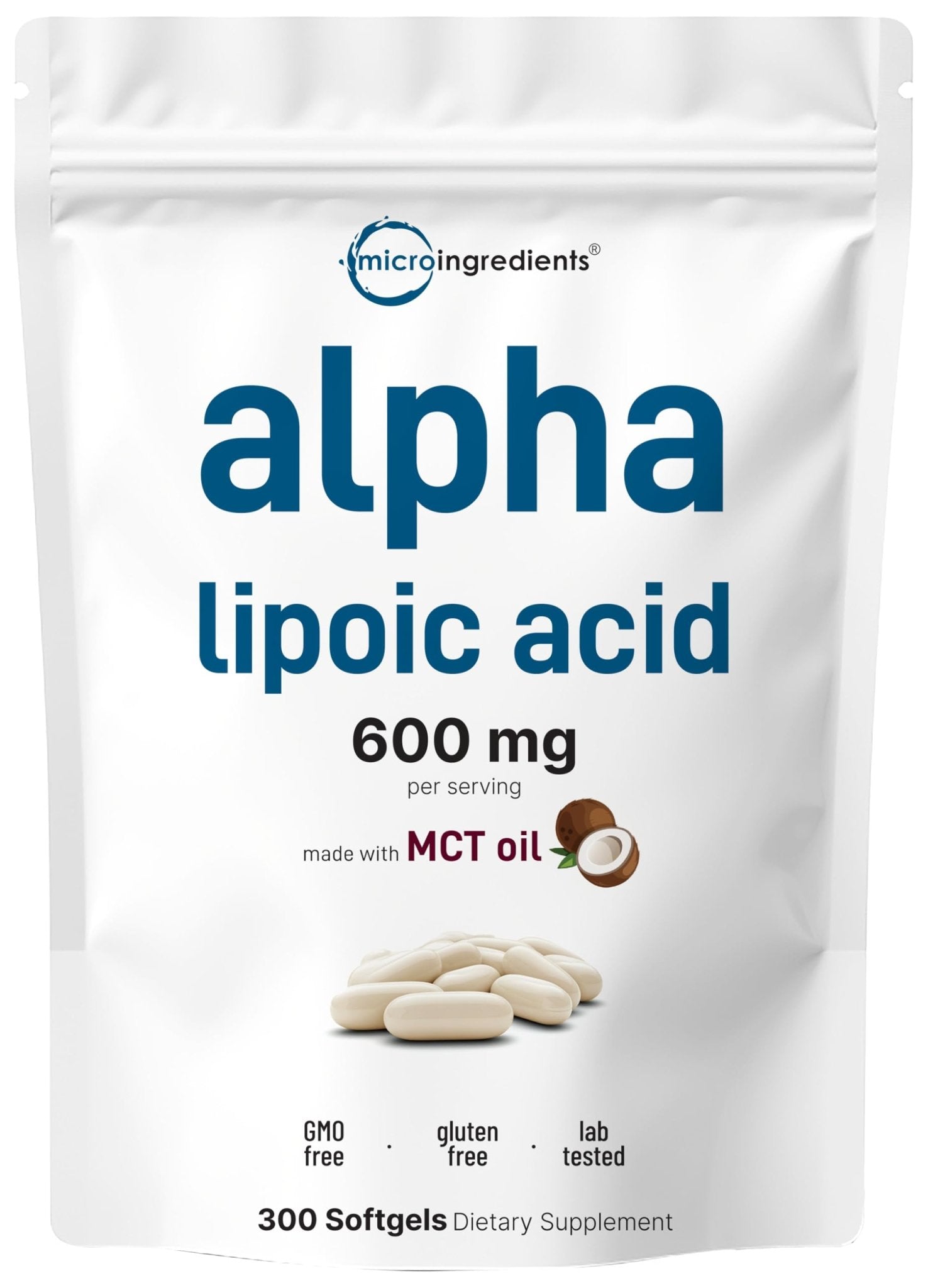 Micro Ingredients Alpha Lipoic Acid 600mg with MCT Oil, 300 Softgels | ALA Supplement for Liver, Antioxidants, Nerve, Cardiovascular Health Support - Maple Wellness Supplements