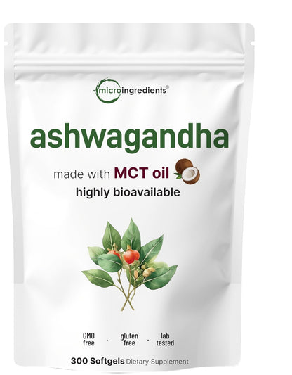 Micro Ingredients Ashwagandha Supplements | 300 Coconut MCT Oil Softgels with Black Pepper for Better Absorption | Potent Root Extract | Non-GMO - Maple Wellness Supplements