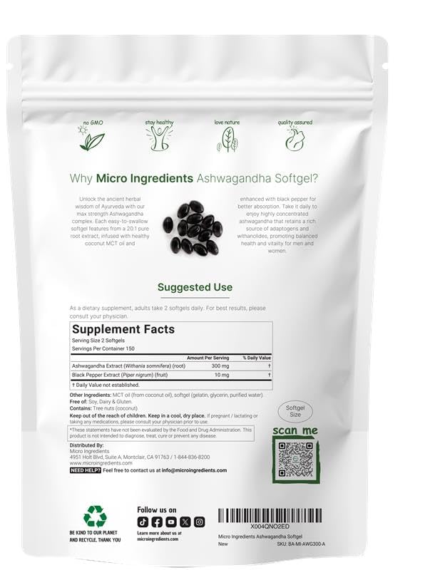 Micro Ingredients Ashwagandha Supplements | 300 Coconut MCT Oil Softgels with Black Pepper for Better Absorption | Potent Root Extract | Non-GMO - Maple Wellness Supplements