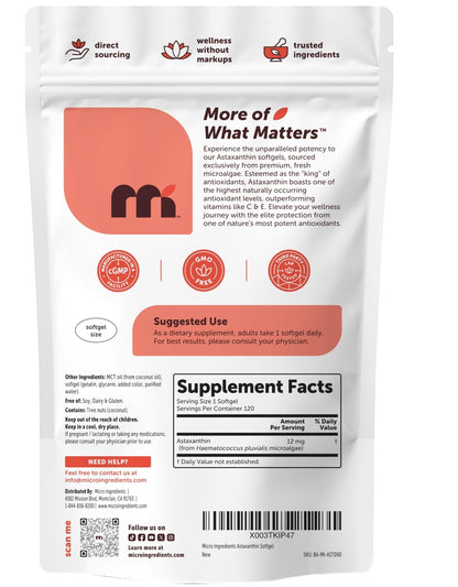 Micro Ingredients Astaxanthin 12mg with MCT Oil, 120 Softgels, 4 Month Supply | Premium Astaxanthin Antioxidant Supplements* | Fresh Microalgae Source - Maple Wellness Supplements
