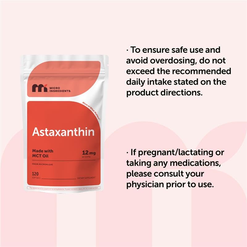 Micro Ingredients Astaxanthin 12mg with MCT Oil, 120 Softgels, 4 Month Supply | Premium Astaxanthin Antioxidant Supplements* | Fresh Microalgae Source - Maple Wellness Supplements