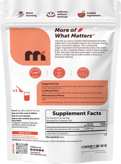 Micro Ingredients Creatine Monohydrate Powder 1 kg (2.2 Lbs), 5000mg Per Serv, Micronized Creatine Powder, Unflavored, No Filler, Keto & Vegan, Easy Dissolve, Pre Workout for Women & Men* - Maple Wellness Supplements