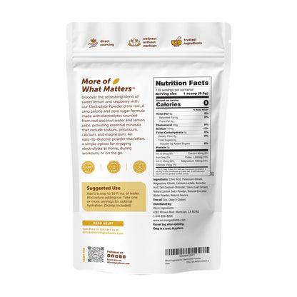 Micro Ingredients Electrolyte Powder, 2 lbs (139 Servings) | Lemon Raspberry Flavor | High Potassium (1,000mg) + Coconut Water & Real Lemon Juice - Maple Wellness Supplements