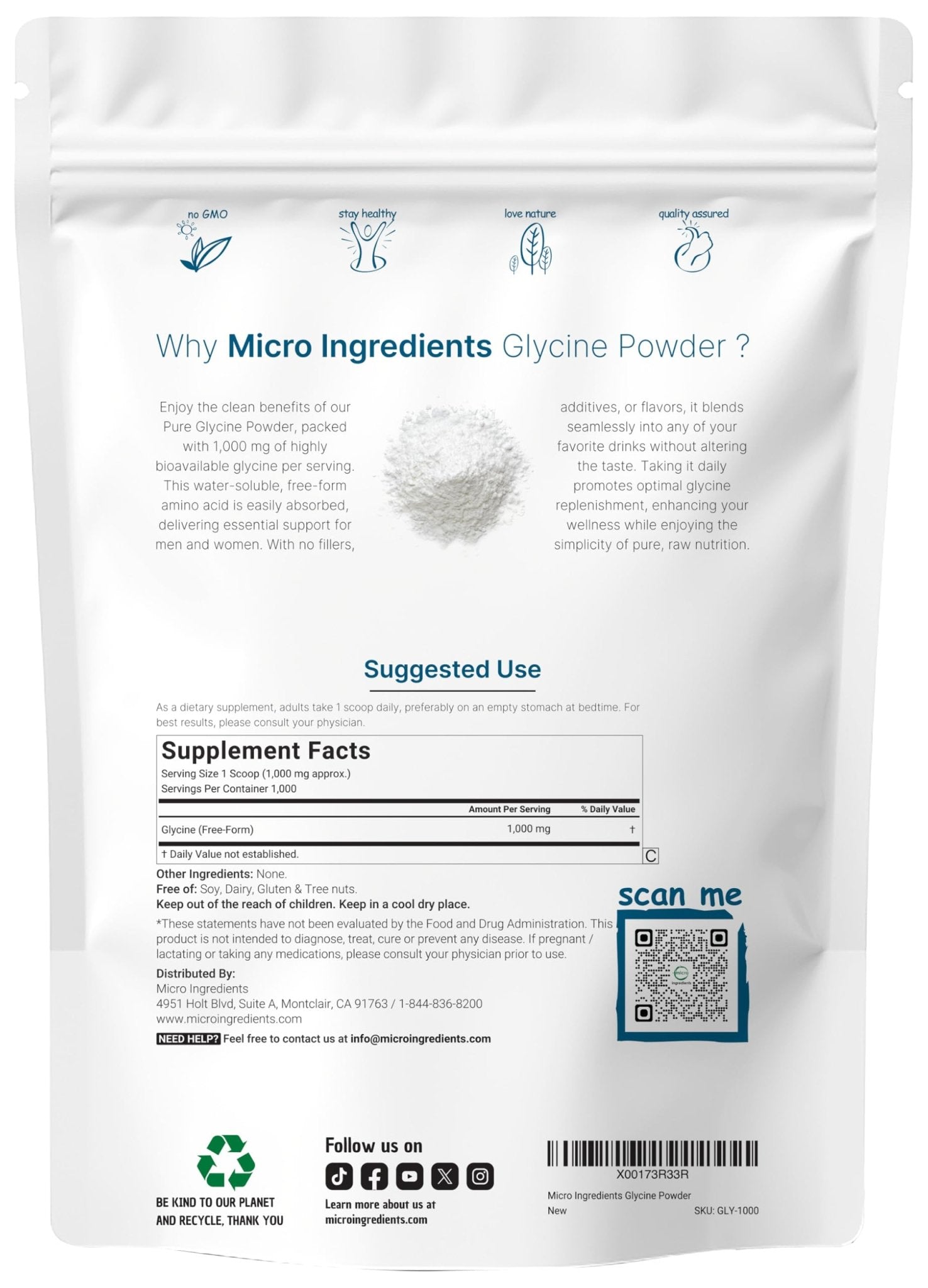 Micro Ingredients Glycine Powder, 1KG (2.2 Pounds), Glycine 1000mg Per Serving, Water Soluble and Products of USA - Maple Wellness Supplements