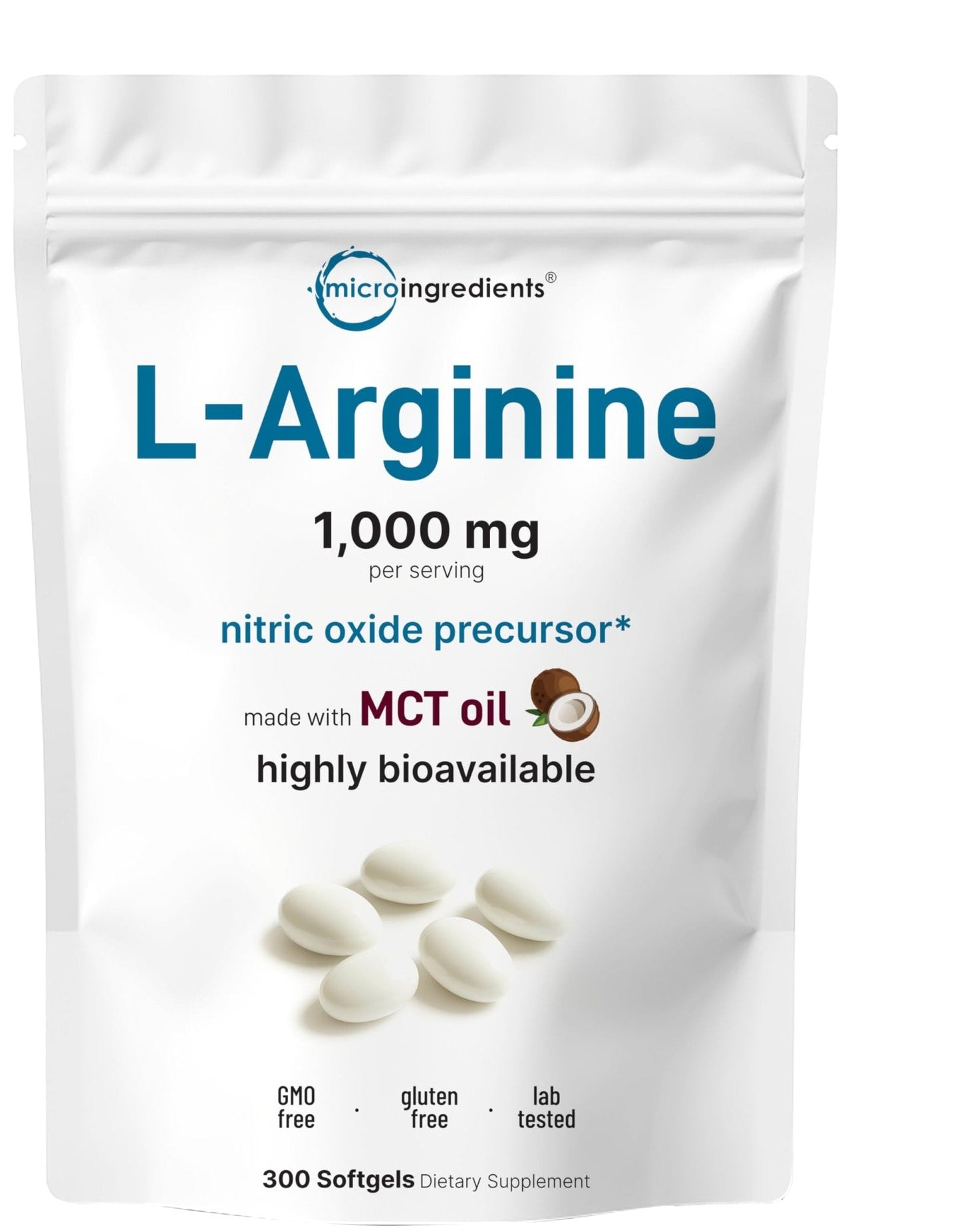 Micro Ingredients L-Arginine 1000mg with MCT Oil, 300 Softgels | Nitric Oxide Precursor* for Men & Women | Extra Strength Amino Acid Formula for Daily Wellness - Maple Wellness Supplements