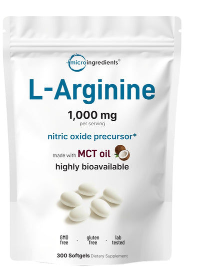 Micro Ingredients L-Arginine 1000mg with MCT Oil, 300 Softgels | Nitric Oxide Precursor* for Men & Women | Extra Strength Amino Acid Formula for Daily Wellness - Maple Wellness Supplements