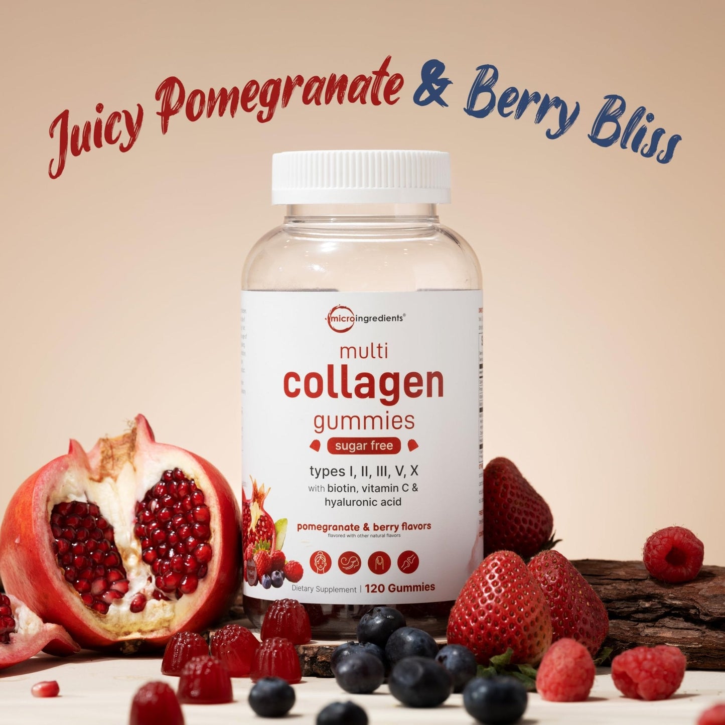 Micro Ingredients Multi Collagen Peptides, 120 Collagen Gummies | Type I,II,III,V,X Protein with Biotin, Hyaluronic Acid, & Vitamin C Complex | Pomegranate & Berry Flavored - Maple Wellness Supplements