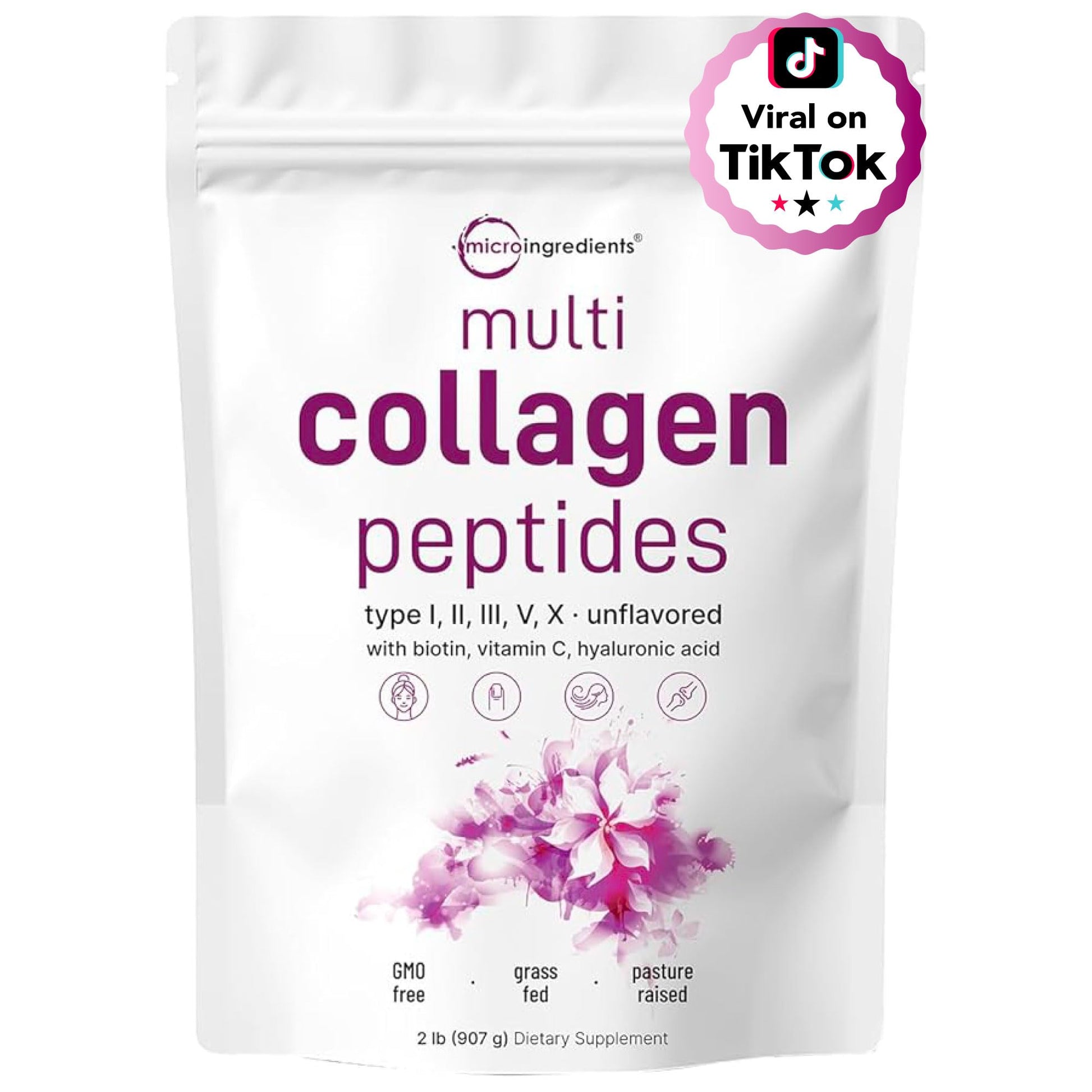 Micro Ingredients Multi Collagen Peptides Powder, 2lb – Hydrolyzed Type I,II,III,V,X with Biotin, Hyaluronic Acid, Vitamin C – Unflavored Collagen for Women & Men - Maple Wellness Supplements