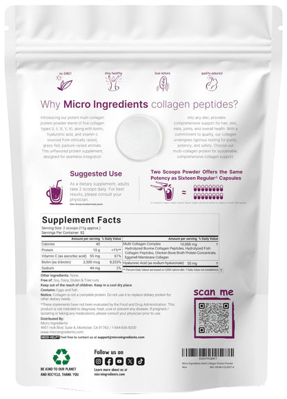 Micro Ingredients Multi Collagen Peptides Powder, 2lb – Hydrolyzed Type I,II,III,V,X with Biotin, Hyaluronic Acid, Vitamin C – Unflavored Collagen for Women & Men - Maple Wellness Supplements