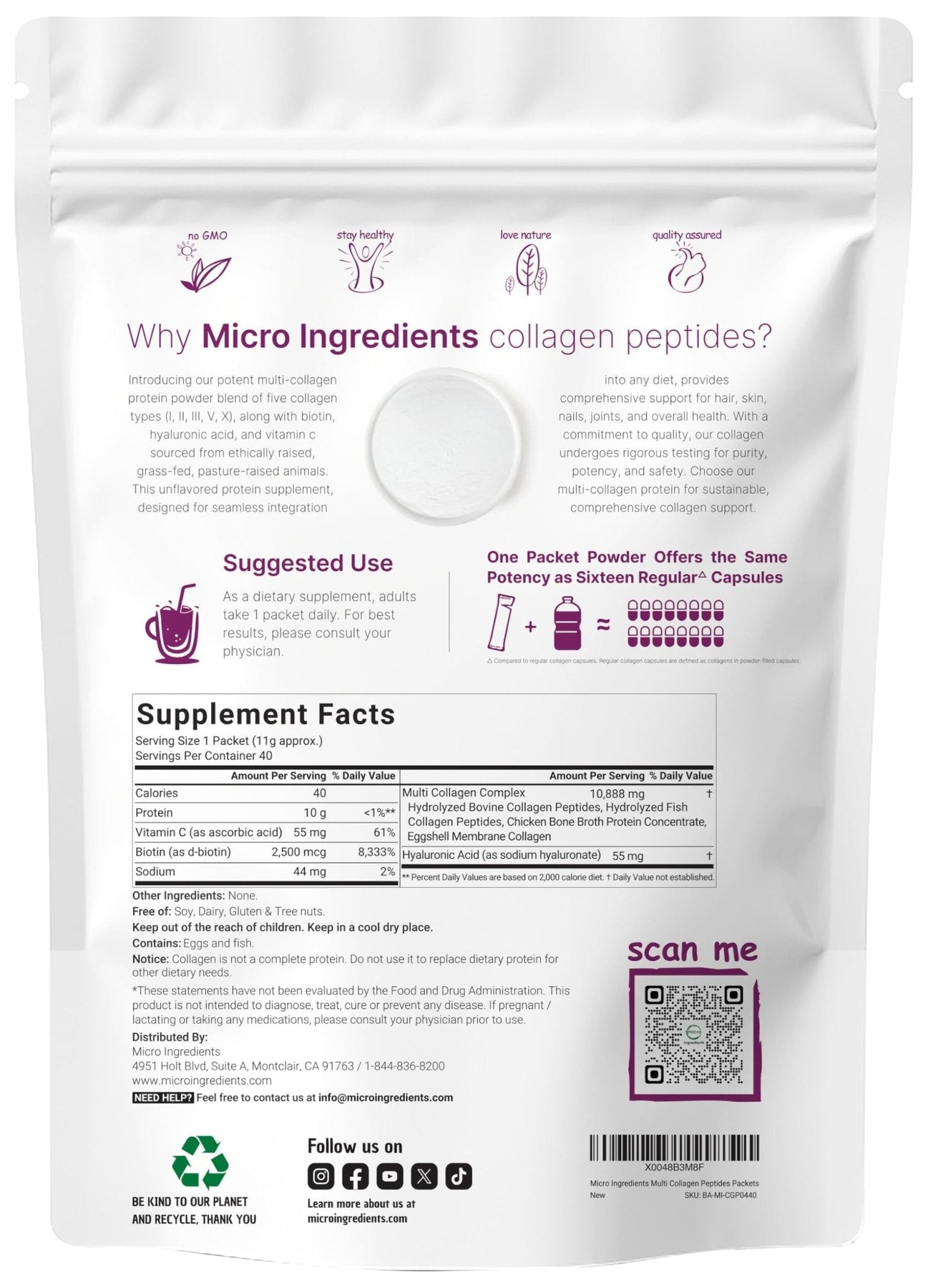 Micro Ingredients Multi Collagen Peptides Powder, 40 Stick Packs | Type I, II, III, V, X + Biotin, Vitamin C & Hyaluronic Acid | Unflavored - Maple Wellness Supplements