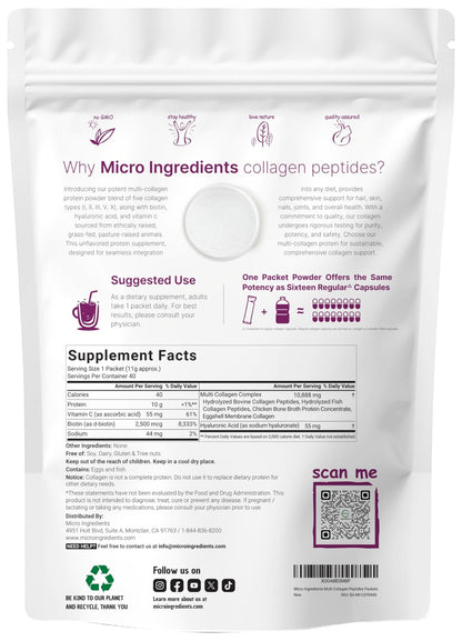 Micro Ingredients Multi Collagen Peptides Powder, 40 Stick Packs | Type I, II, III, V, X + Biotin, Vitamin C & Hyaluronic Acid | Unflavored - Maple Wellness Supplements