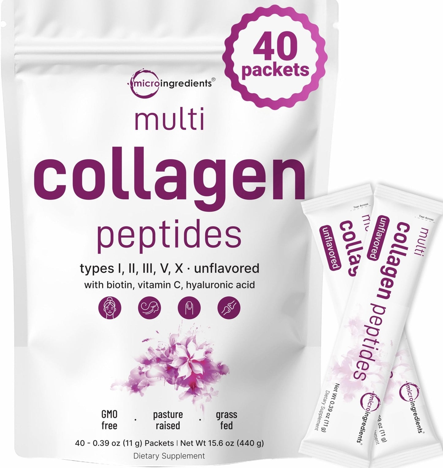 Micro Ingredients Multi Collagen Peptides Powder, 40 Stick Packs | Type I, II, III, V, X + Biotin, Vitamin C & Hyaluronic Acid | Unflavored - Maple Wellness Supplements