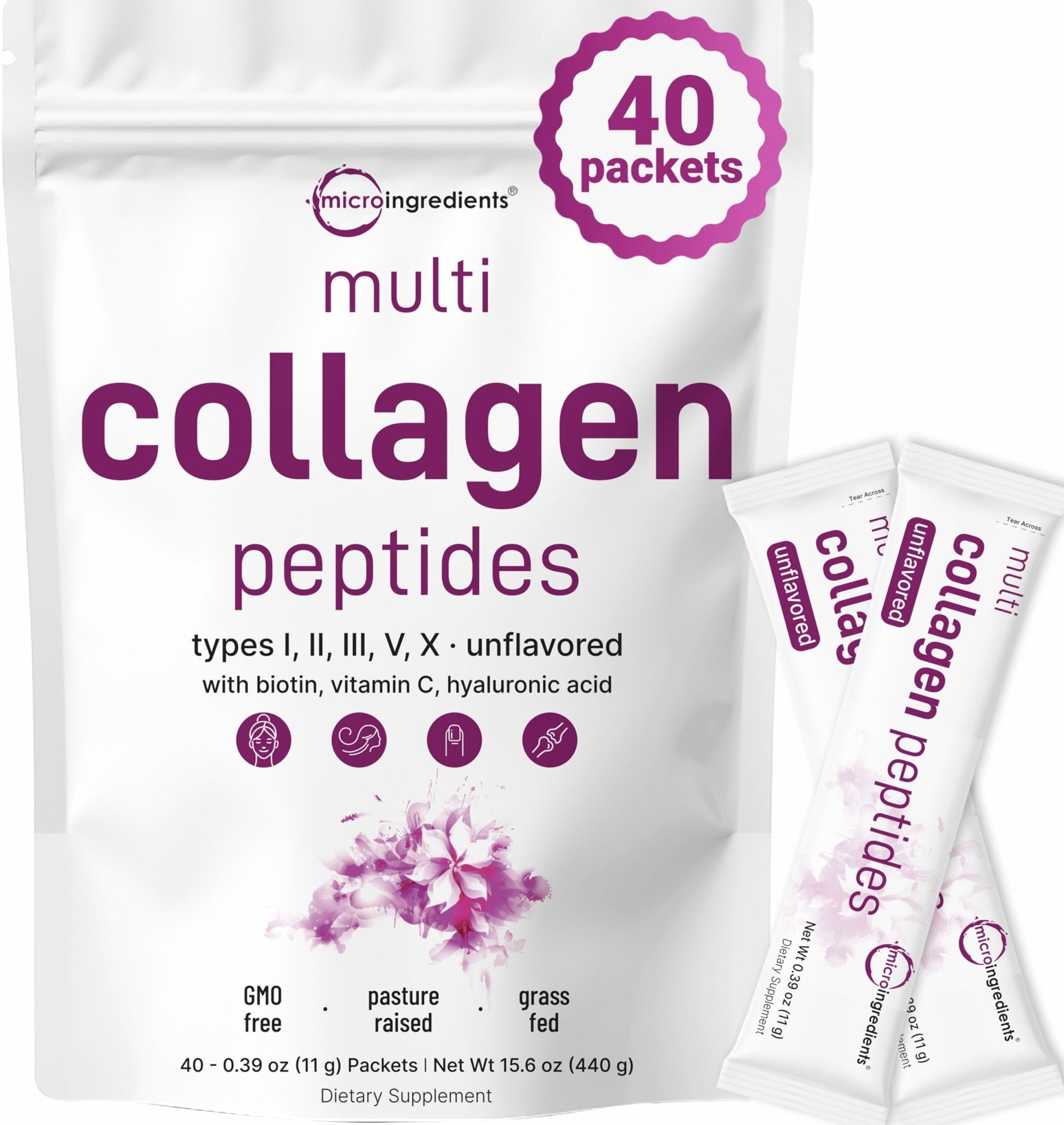 Micro Ingredients Multi Collagen Peptides Powder, 40 Stick Packs | Type I, II, III, V, X + Biotin, Vitamin C & Hyaluronic Acid | Unflavored - Maple Wellness Supplements